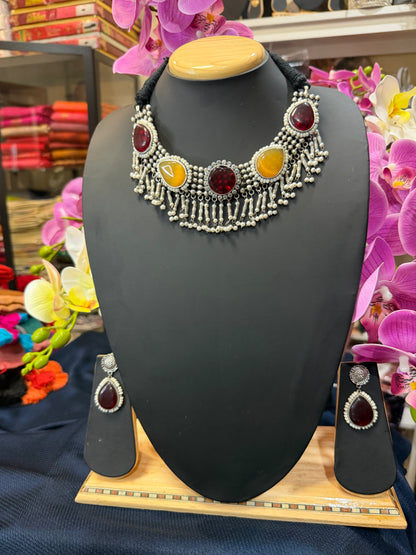 Handmade Brass Necklace with Silver polish Indian Tribal Maroon Yellow Jewellery N97