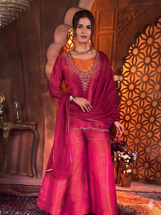 Orange Pink Indian Pakistani Outfit Indo western Salwar Kameez Sharara Suit EID C3