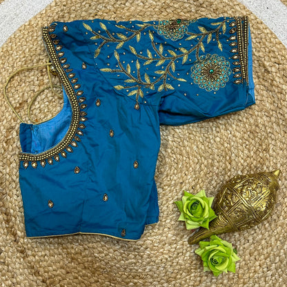 38” M Size 8 Aari Worked Sari Blouse Indian Saree Top Blue B276