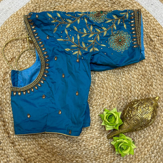 38” M Size 8 Aari Worked Sari Blouse Indian Saree Top Blue B276
