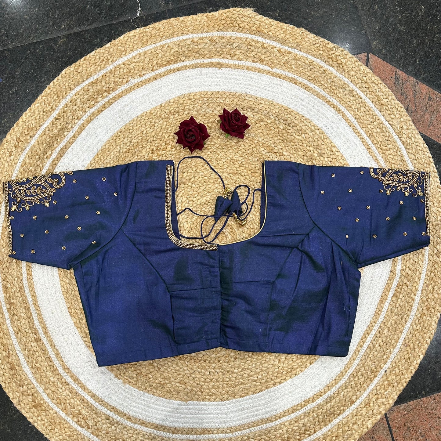 46” Size 16 Aari Worked Sari Blouse Indian Saree Top Silk Blue B411