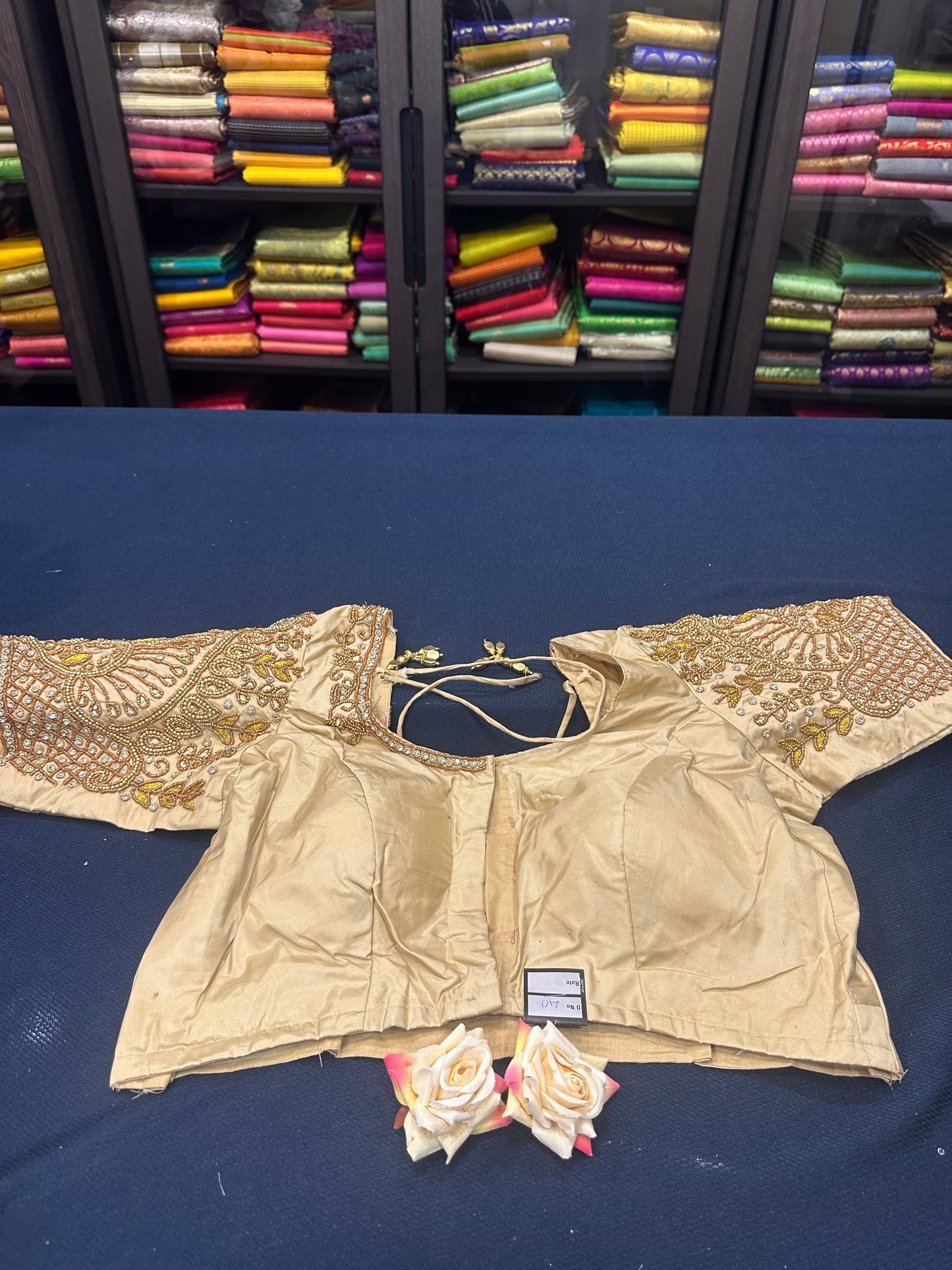 40” Aari hand Worked Sari Blouse Indian Top Choli Silk Gold B7