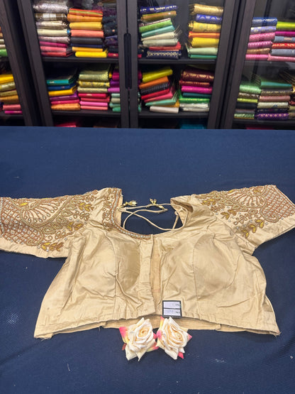 40” Aari hand Worked Sari Blouse Indian Top Choli Silk Gold B7