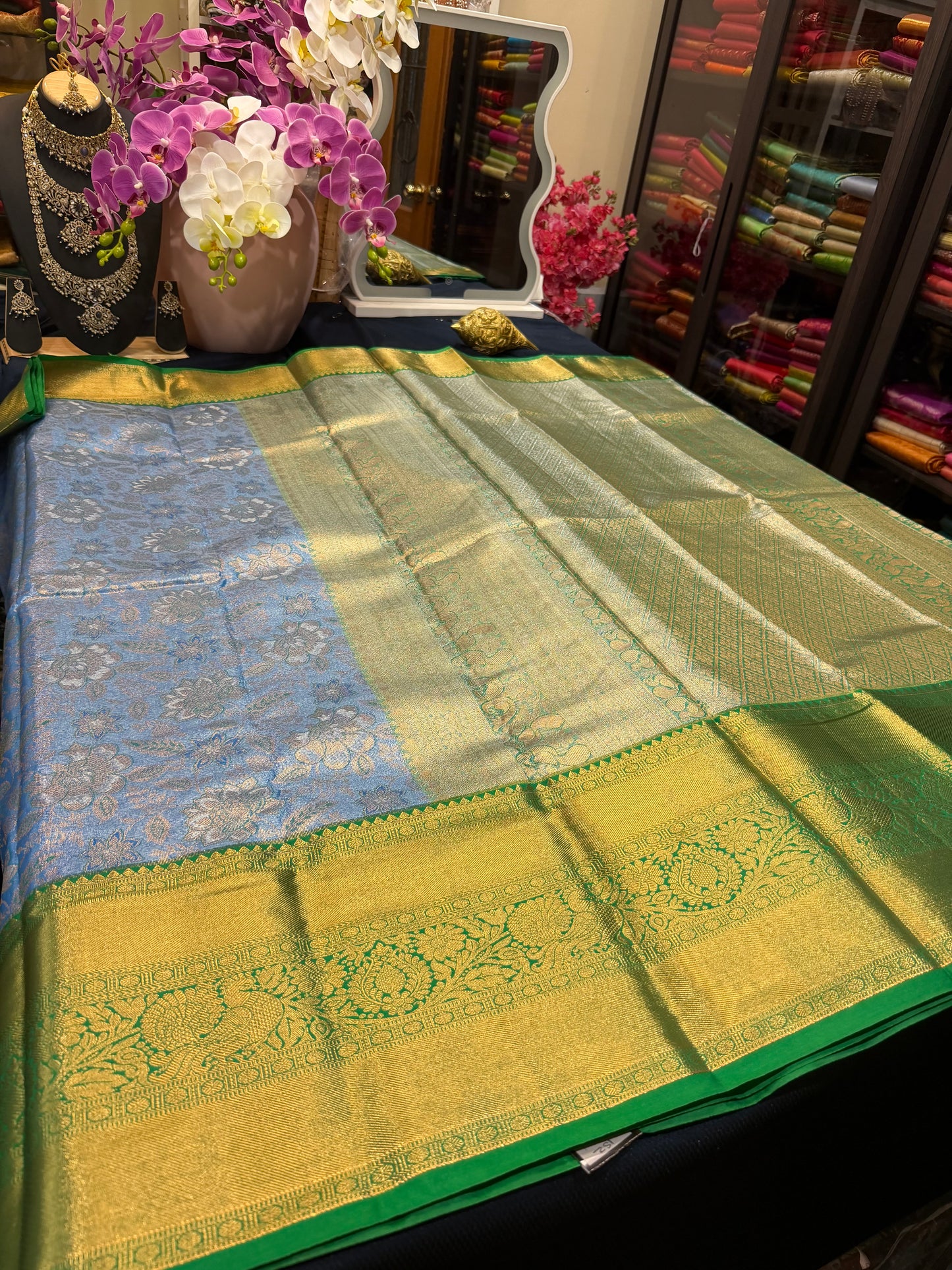 Semi Silk Indian Bridal Tissue Kanjivaram / Kanchipuram Sari Blue Saree SEMI1