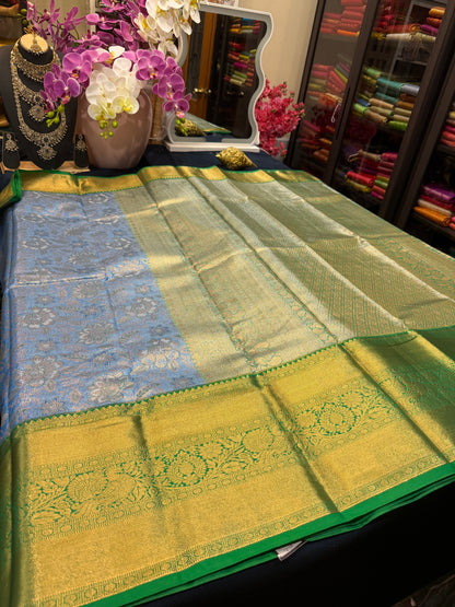 Semi Silk Indian Bridal Tissue Kanjivaram / Kanchipuram Sari Blue Saree SEMI1