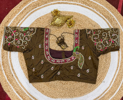 42” XL Size 12 size Aari Worked Sari Blouse Indian Saree Top Brown B162