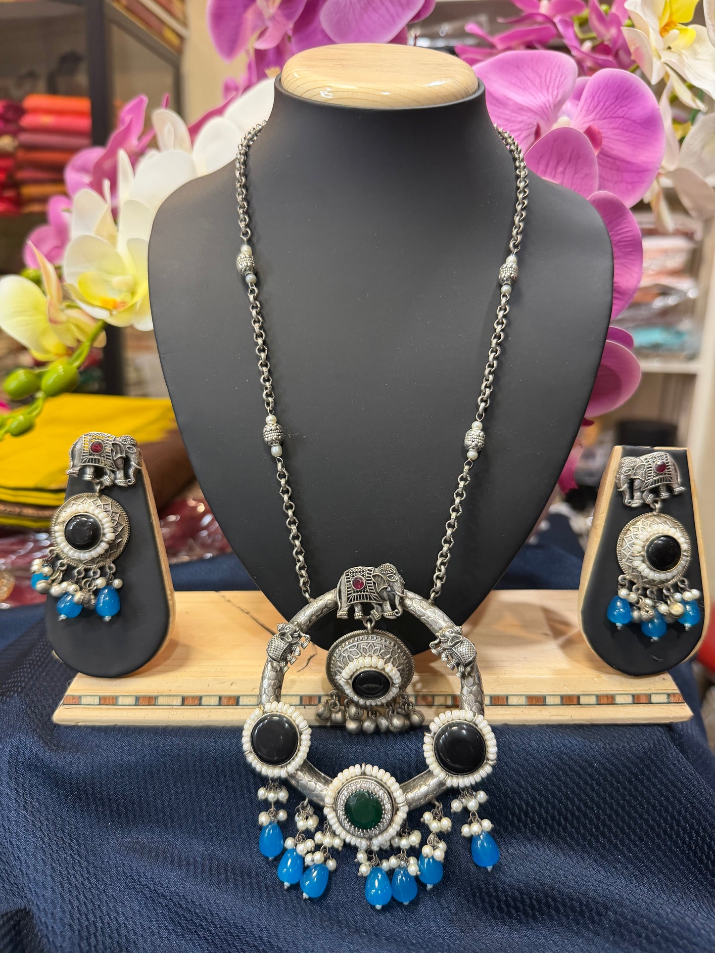 Handmade Brass Black Blue Necklace with Silver polish Indian Tribal Jewelry N90