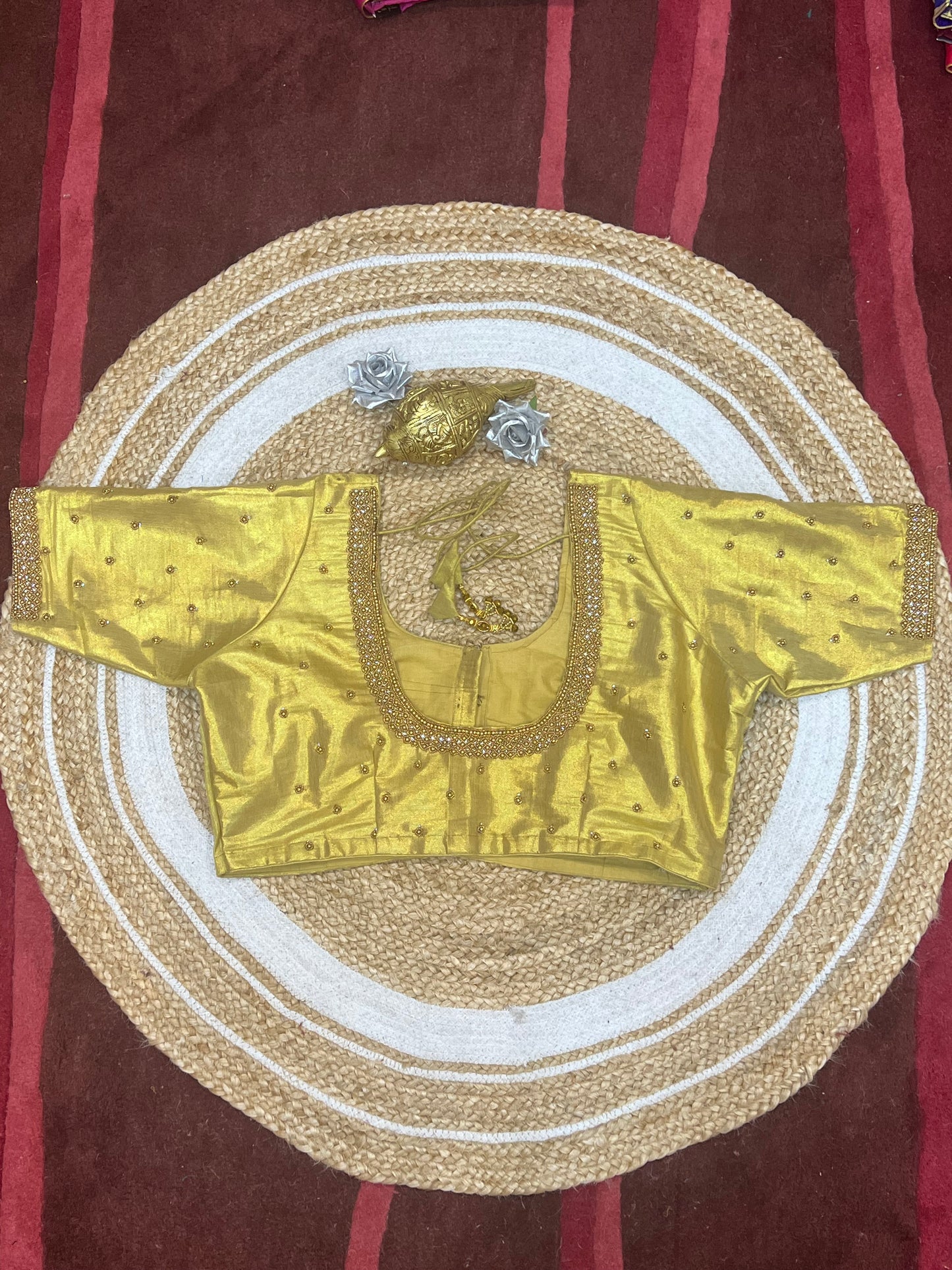 48” Size 18 Aari Worked Sari Blouse Indian Saree Top Silk Gold B127