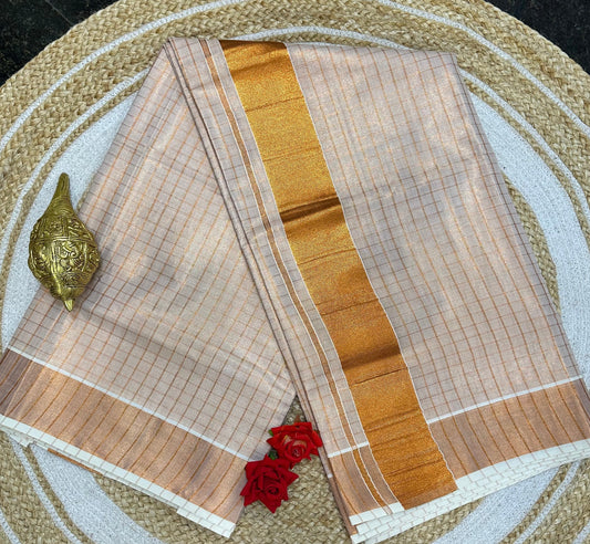 Kerala checkered Vishu Sari Indian Onam Copper Saree C17