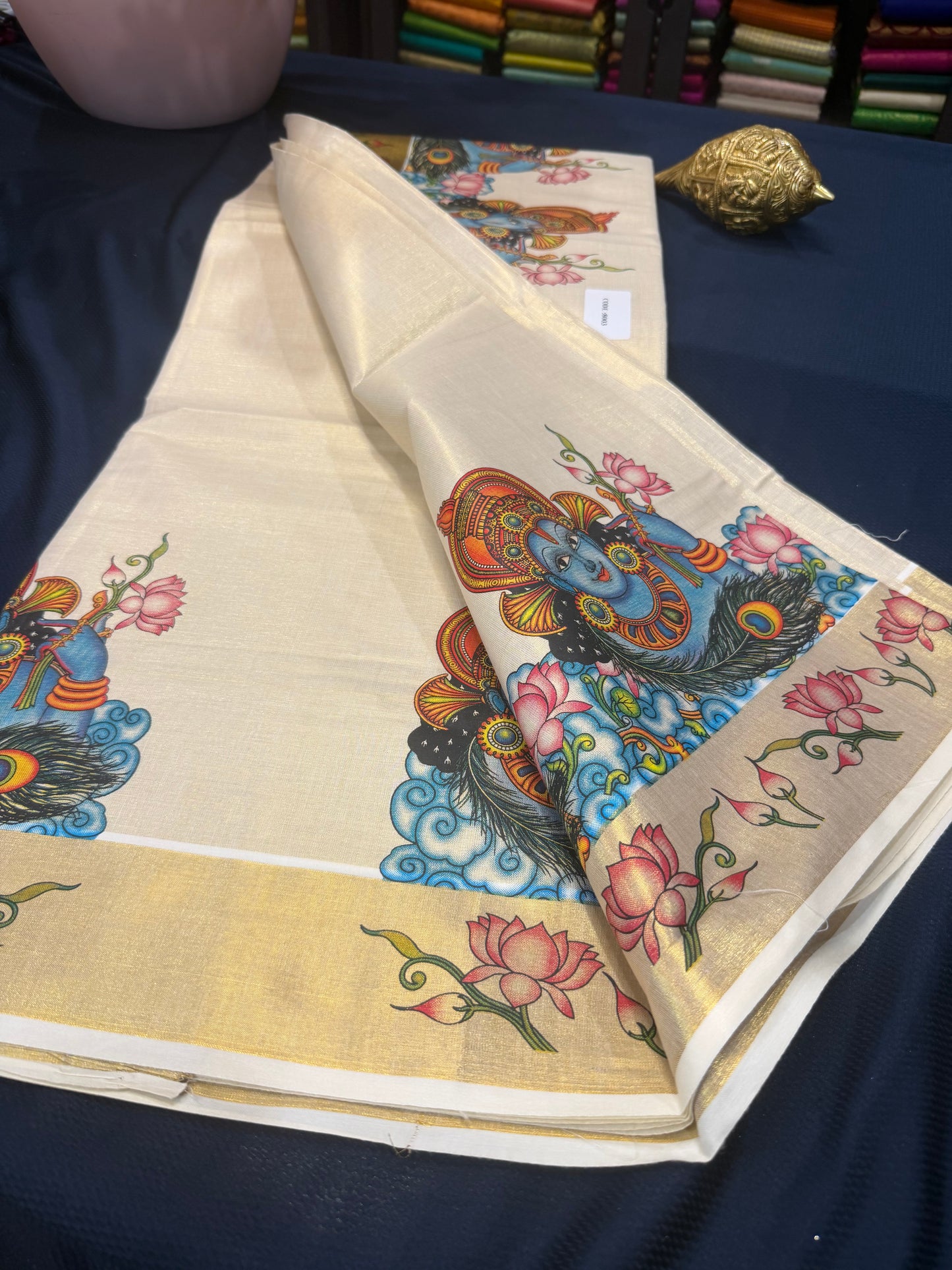 Kerala Vishu Sari Indian Cream Tissue hand Printed Onam Saree C7 - Col 6