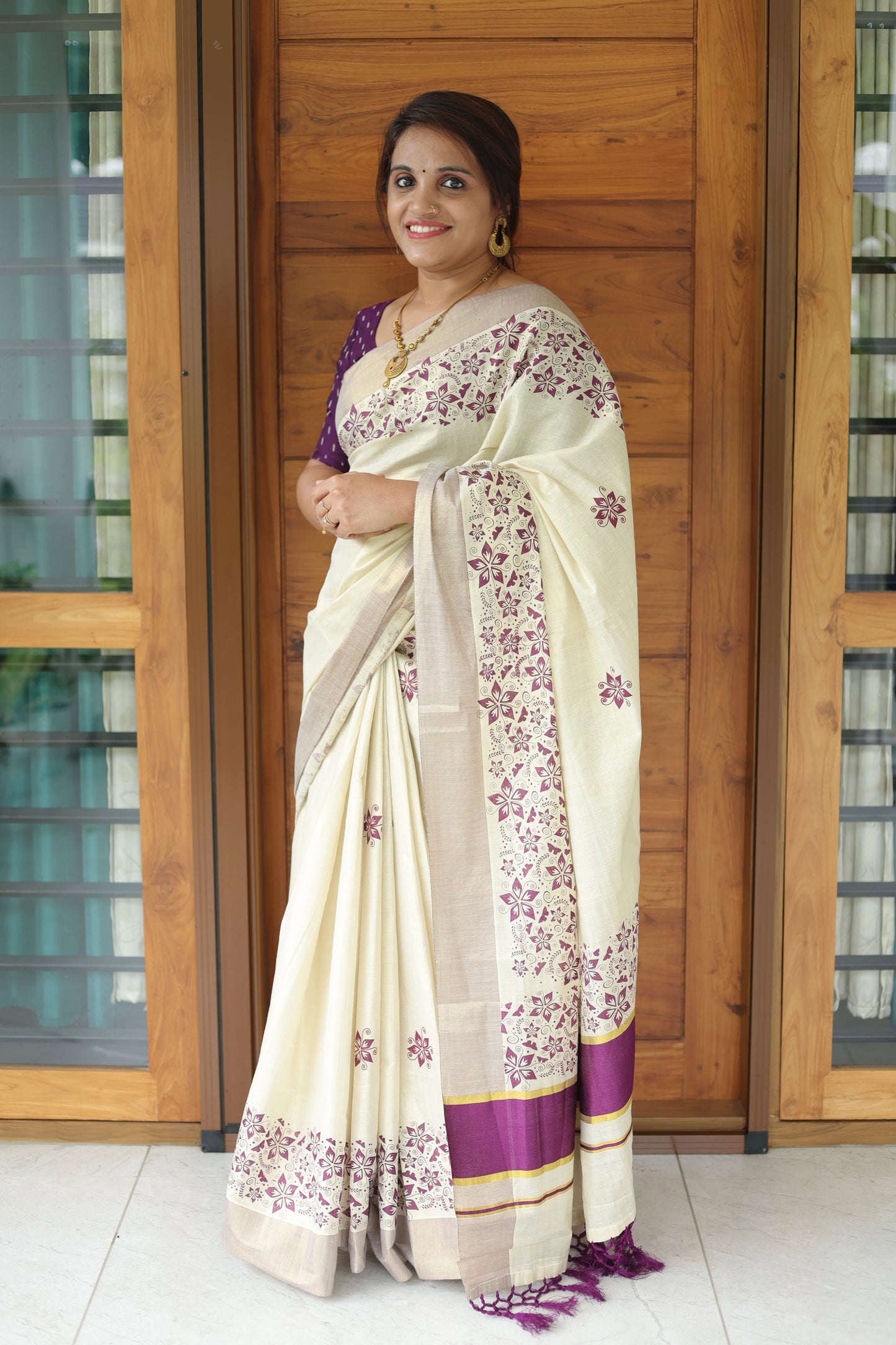 Maroon Kerala Vishu Sari Indian Premium Cream Saree C7