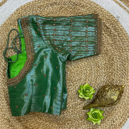 38” M Size 8 Aari Worked Sari Blouse Indian Saree Top Metallic Green B288