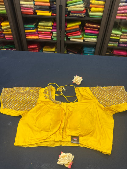 40” Aari hand Worked Sari Blouse Indian Top Choli Silk Yellow B21