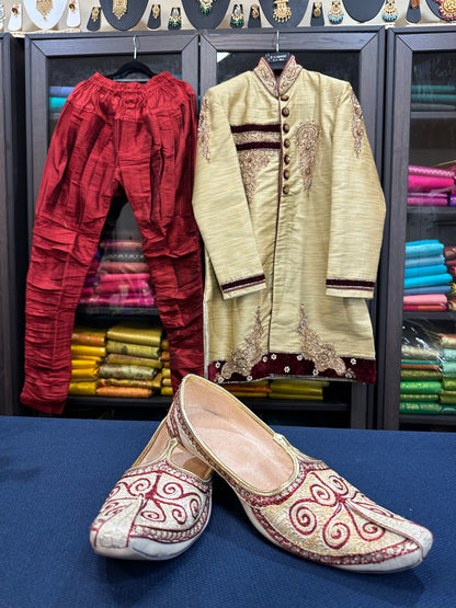 40” Large size Men’s Kurta Indian Gold & Maroon Sherwani Bollywood outfit M9