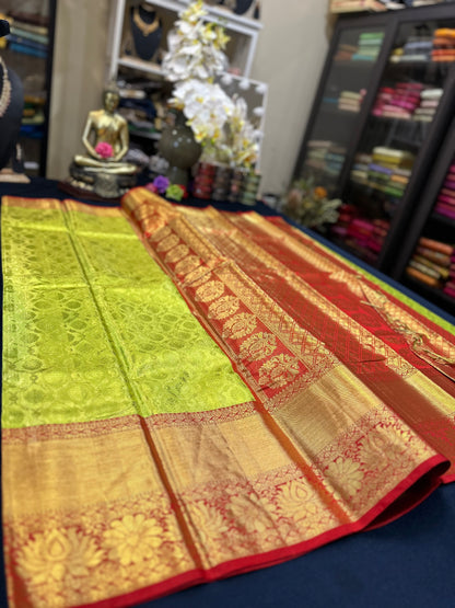 Tissue Bridal Kanchipuram Pure Silk Saree Greenish Yellow & Red Kanjivaram Sari| SPK090
