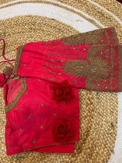 40” Bridal Aari hand Worked Sari Blouse Indian Top Choli Silk Red B38