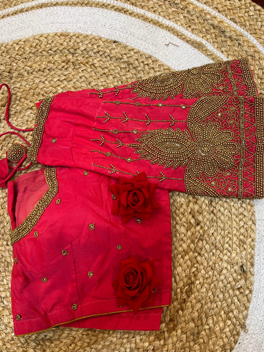 40” Bridal Aari hand Worked Sari Blouse Indian Top Choli Silk Red B38