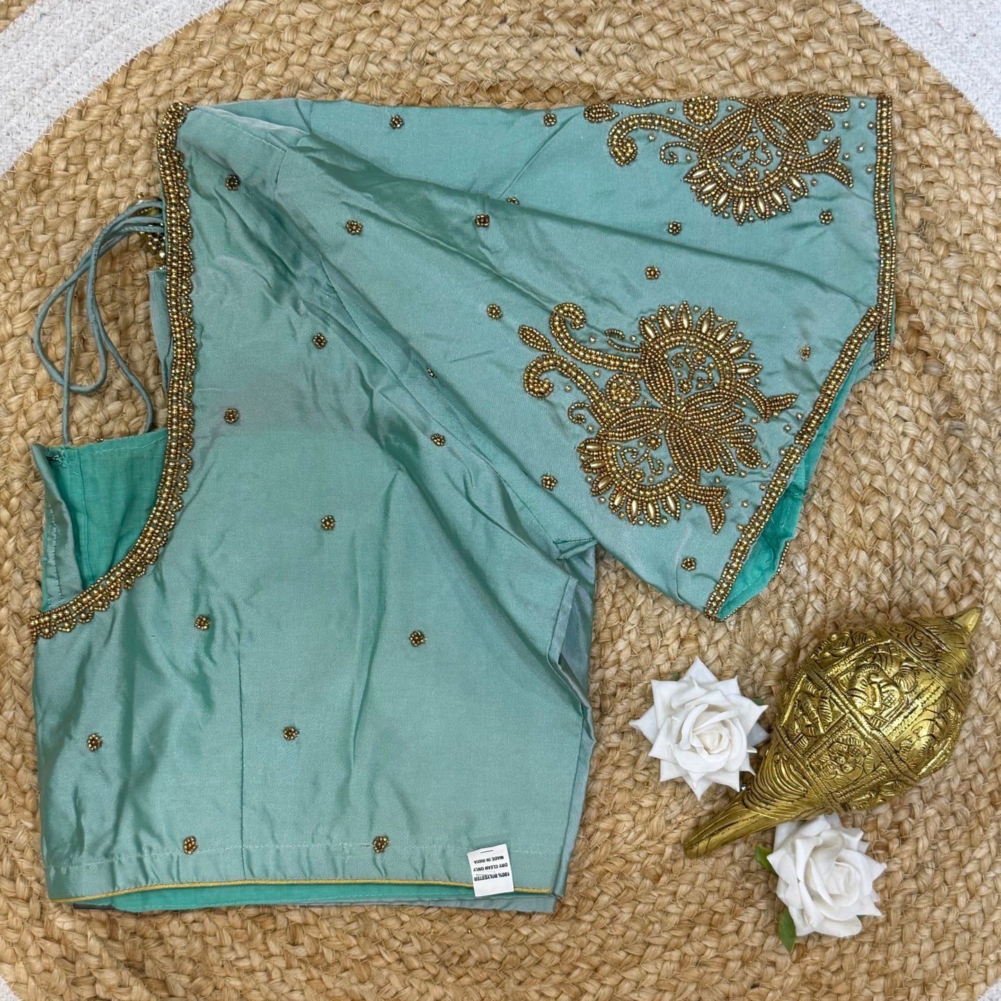 46” Size 16 Aari Worked Sari Blouse Indian Saree Top Silk Sea Green B227