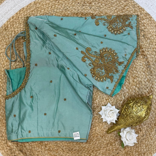 46” Size 16 Aari Worked Sari Blouse Indian Saree Top Silk Sea Green B227