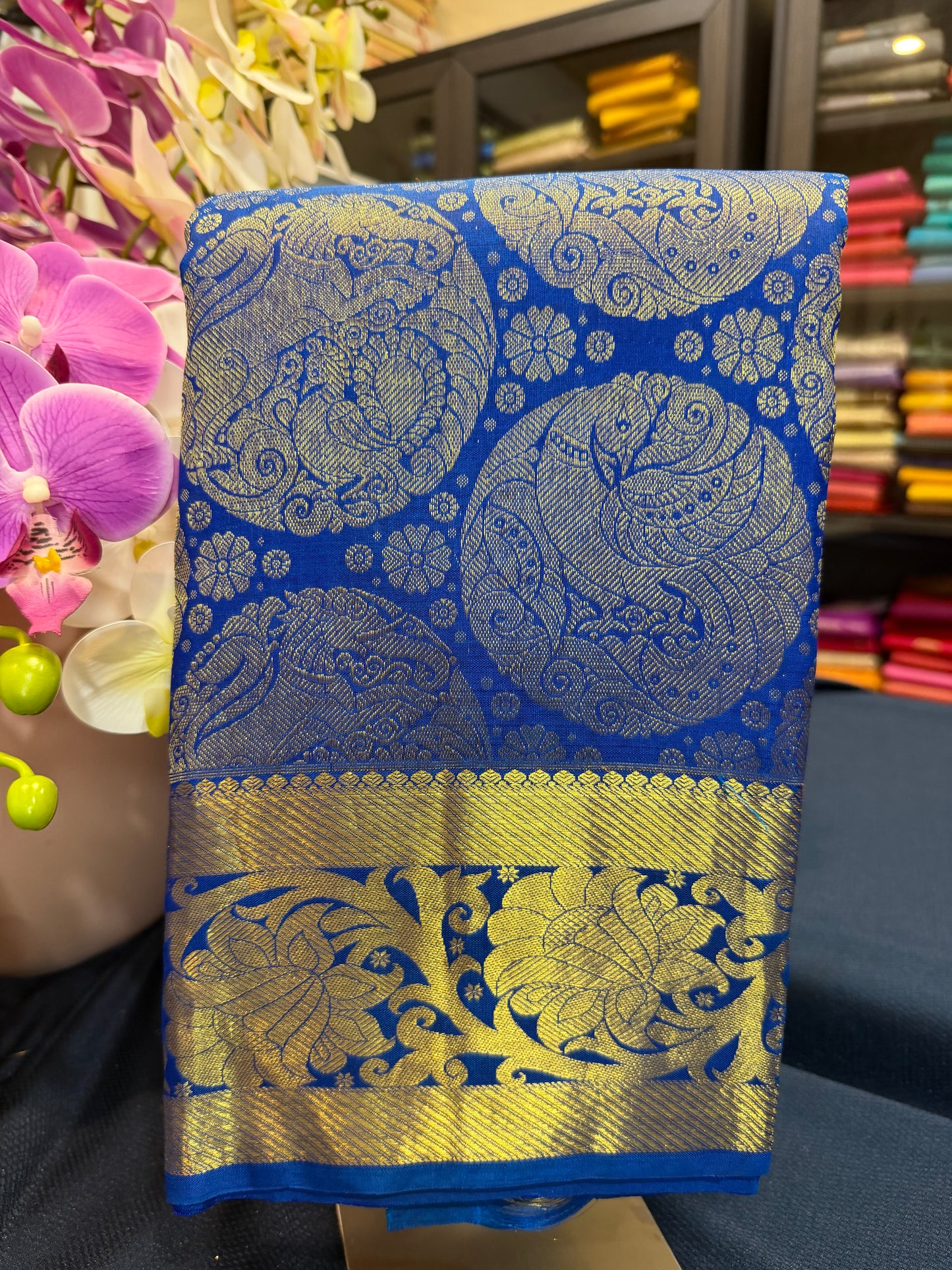 Kanchipuram Bridal Pure Silk Saree with Gold Zari Blue & Gold Sari| SPK084