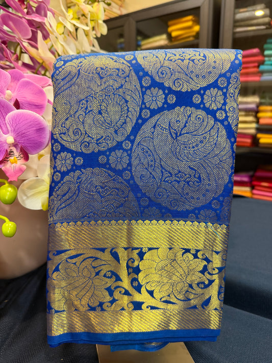 Kanchipuram Bridal Pure Silk Saree with Gold Zari Blue & Gold Sari| SPK084