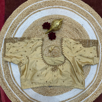 44” Size 14 Aari Worked Sari Blouse Indian Saree Top Light Gold B259