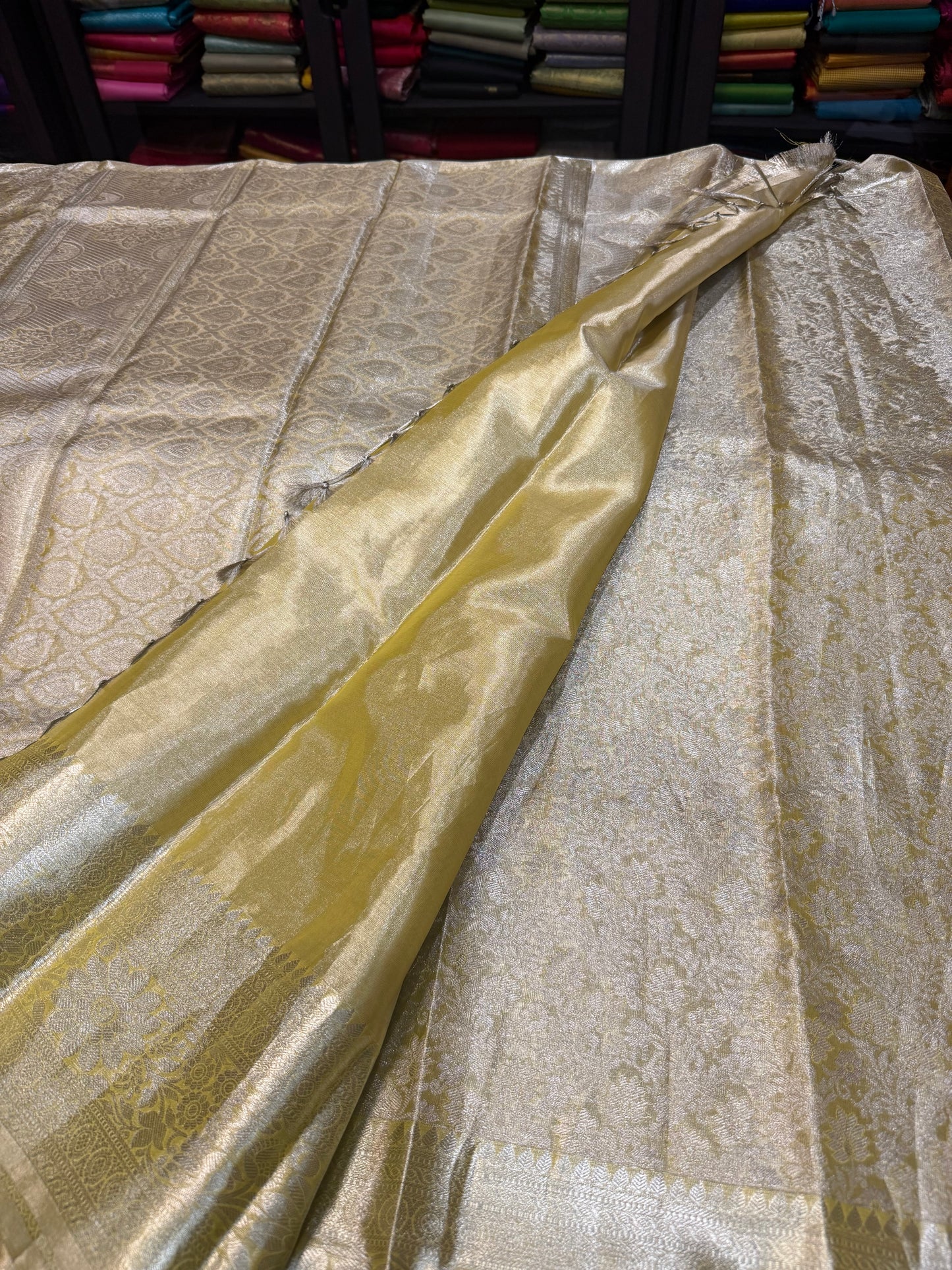 Kanchipuram Pure Silk Bridal Tissue Saree Indian Kanjivaram Light Gold Sari SPK380