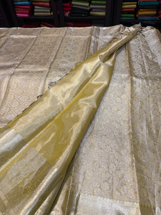 Kanchipuram Pure Silk Bridal Tissue Saree Indian Kanjivaram Light Gold Sari SPK380