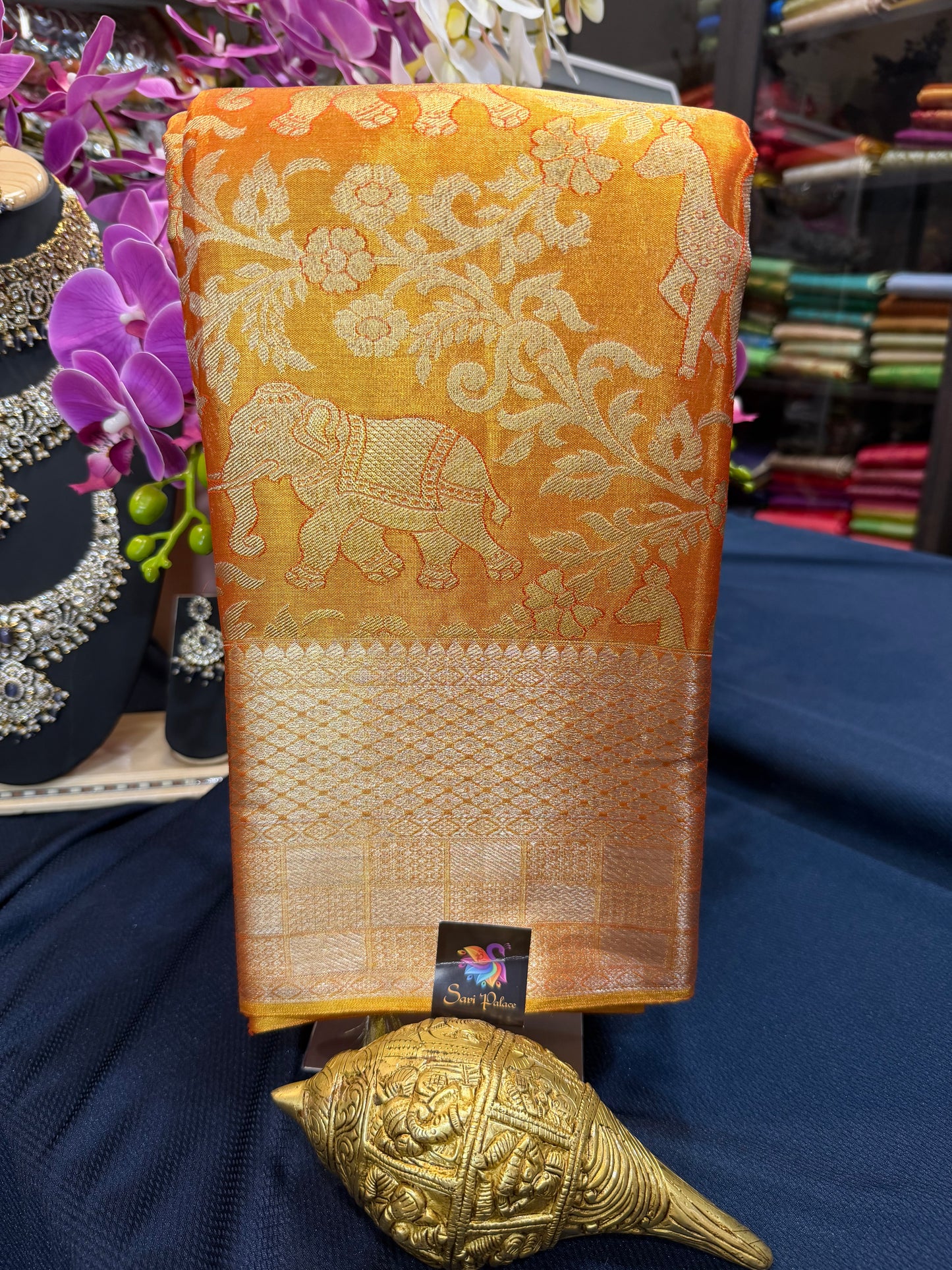 Bridal Tissue Kanchipuram Pure Silk Saree Orangish Gold Kanjivaram Sari| SPK087