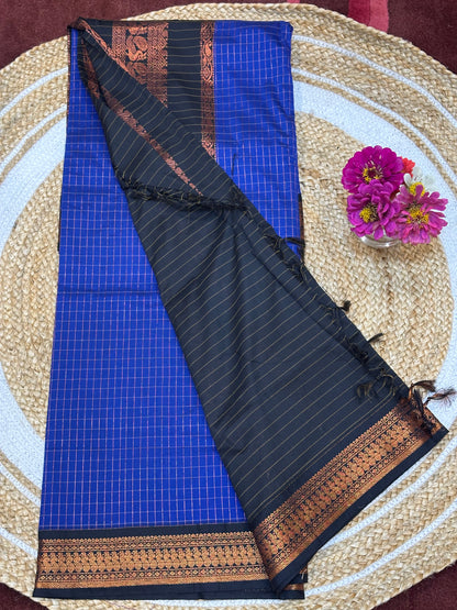 Kalyani checkered Silk Cotton Sari Indian Saree Blue & Black S6