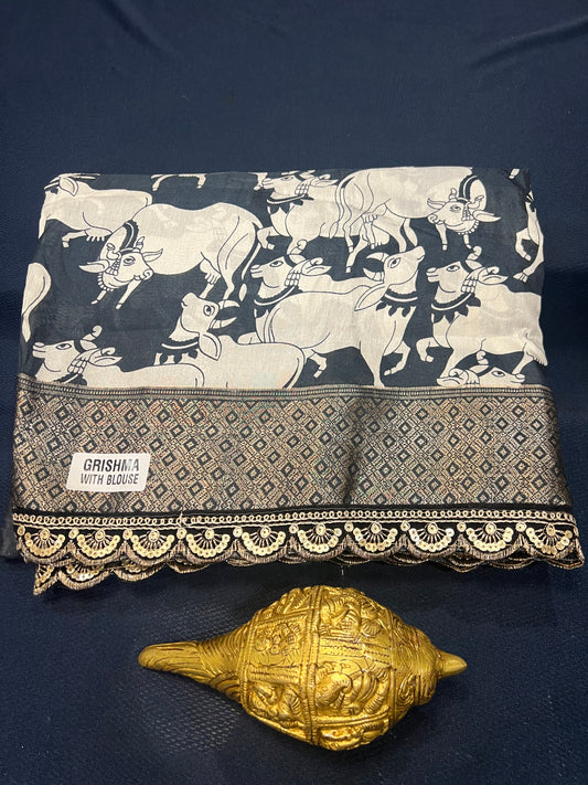 Kalamkari black and white Sari Indian casual Saree C6