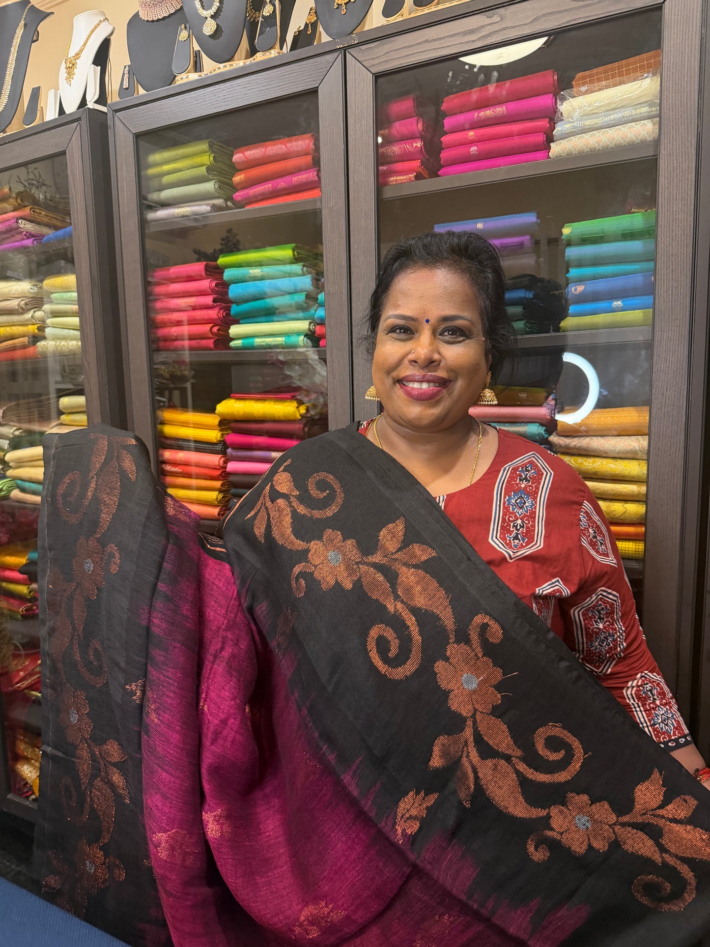 Soft Silk Cotton Linen Sari Indian Saree Copper Jari Magenta Pink Black S123