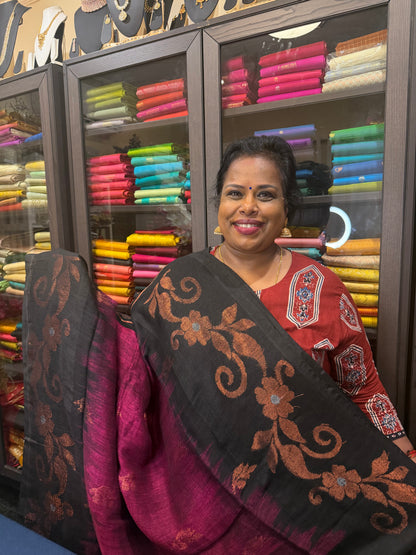 Soft Silk Cotton Linen Sari Indian Saree Copper Jari Magenta Pink Black S123