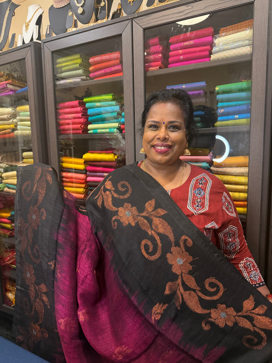 Soft Silk Cotton Linen Sari Indian Saree Copper Jari Magenta Pink Black S123