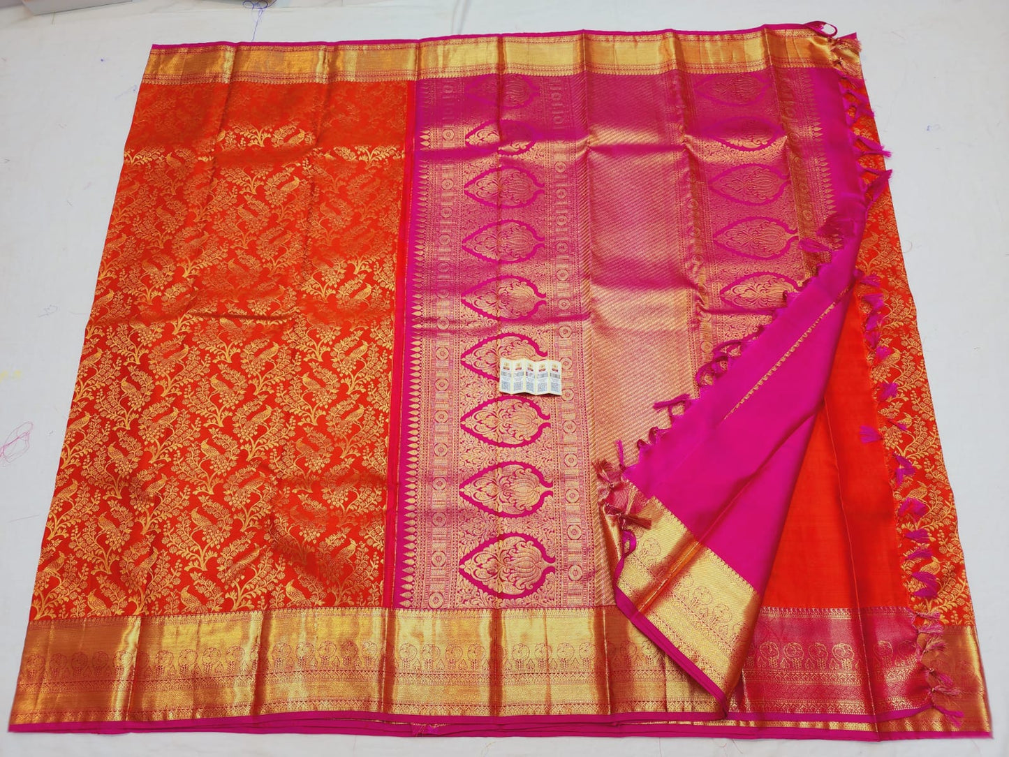 Kanchipuram Korvai Bridal Pure Silk Saree with Gold Zari Orange & Pink Sari| SPK074
