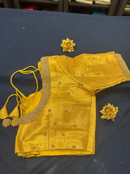 40” Aari hand Worked Sari Blouse Indian Top Choli Silk Gold B10