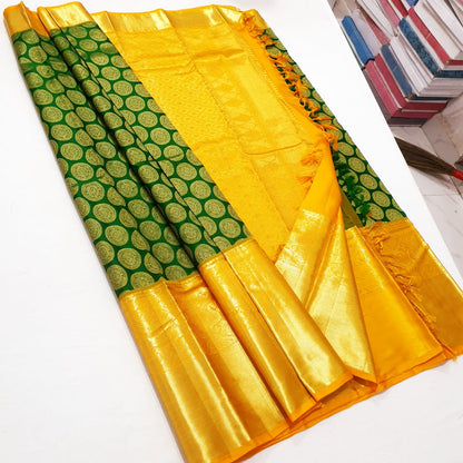 Bridal Kanchipuram Pure Silk Saree Green & Yellow Kanjivaram Sari| SPK145