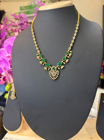 Indian Brass Necklace & Earrings Jewellery Set Green N67