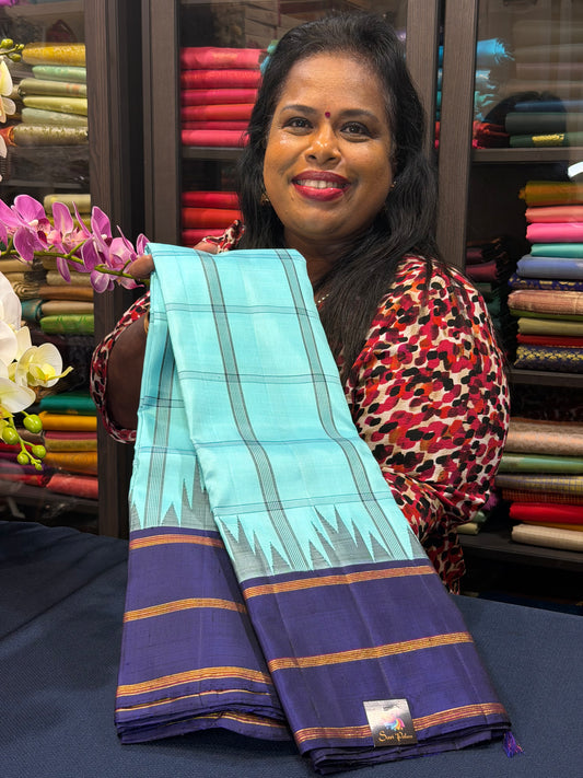 2g Gold Kanchipuram Pure Silk Saree Blue Vintage Kanjivaram Sari SPK212