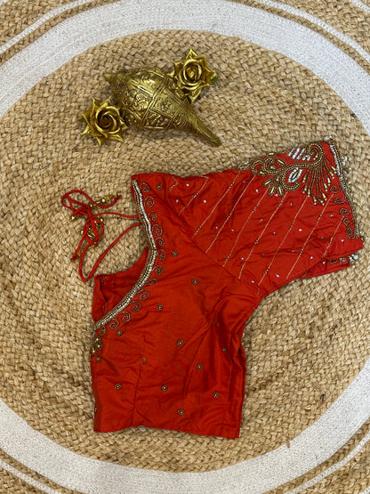 40” Size 10 Aari Worked Sari Blouse Indian Saree Top Silk Orangey Red B87