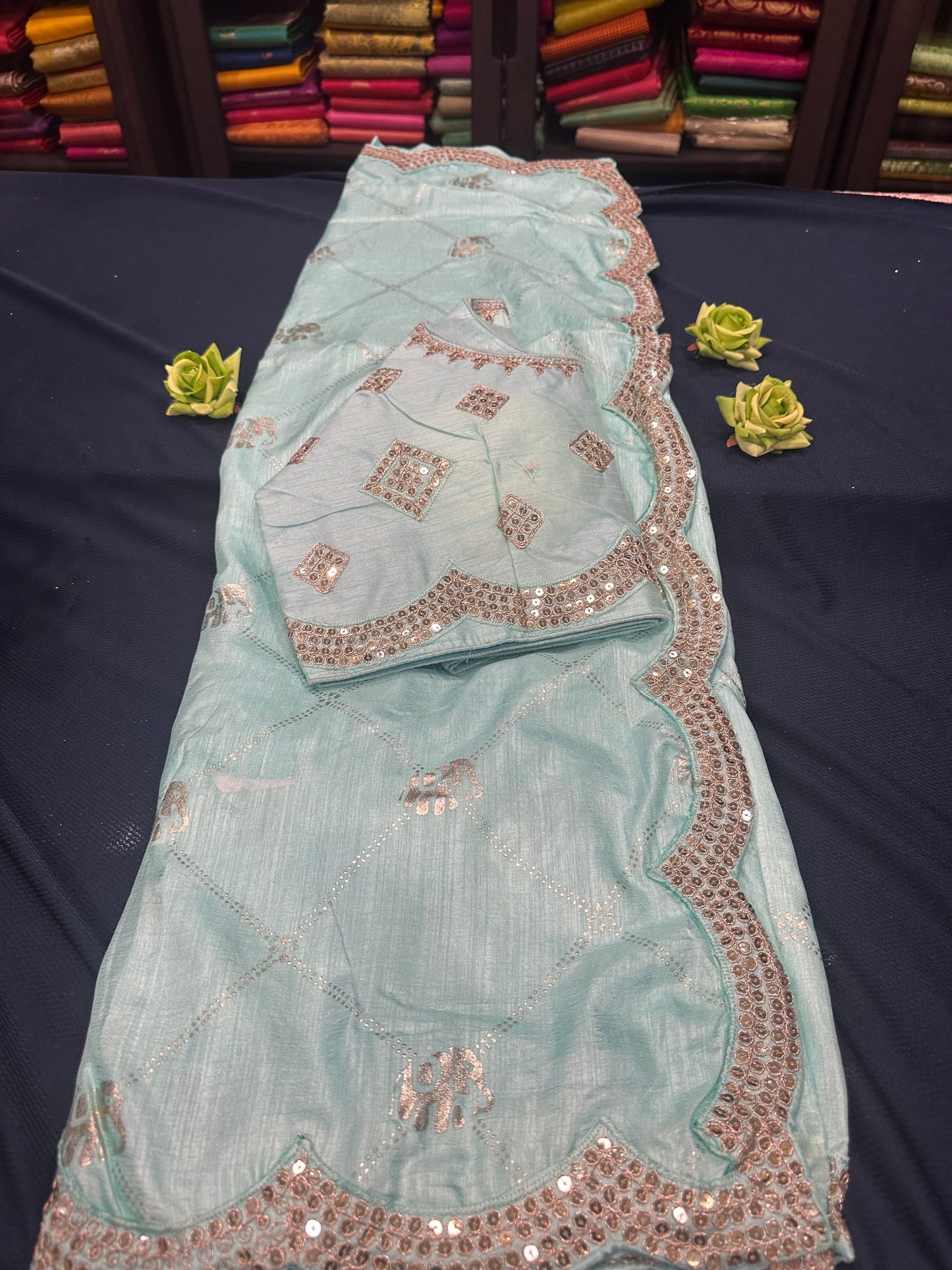 Sky Blue Fancy Party wear Sari Indian Saree Blouse Combo S87