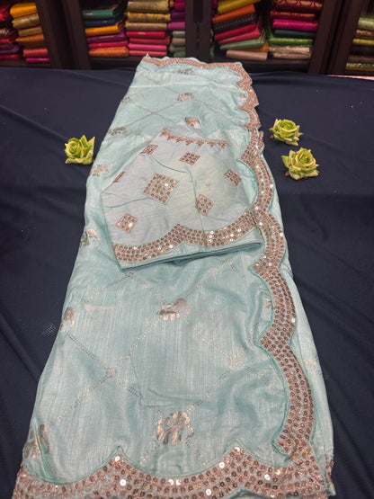 Sky Blue Fancy Party wear Sari Indian Saree Blouse Combo S87