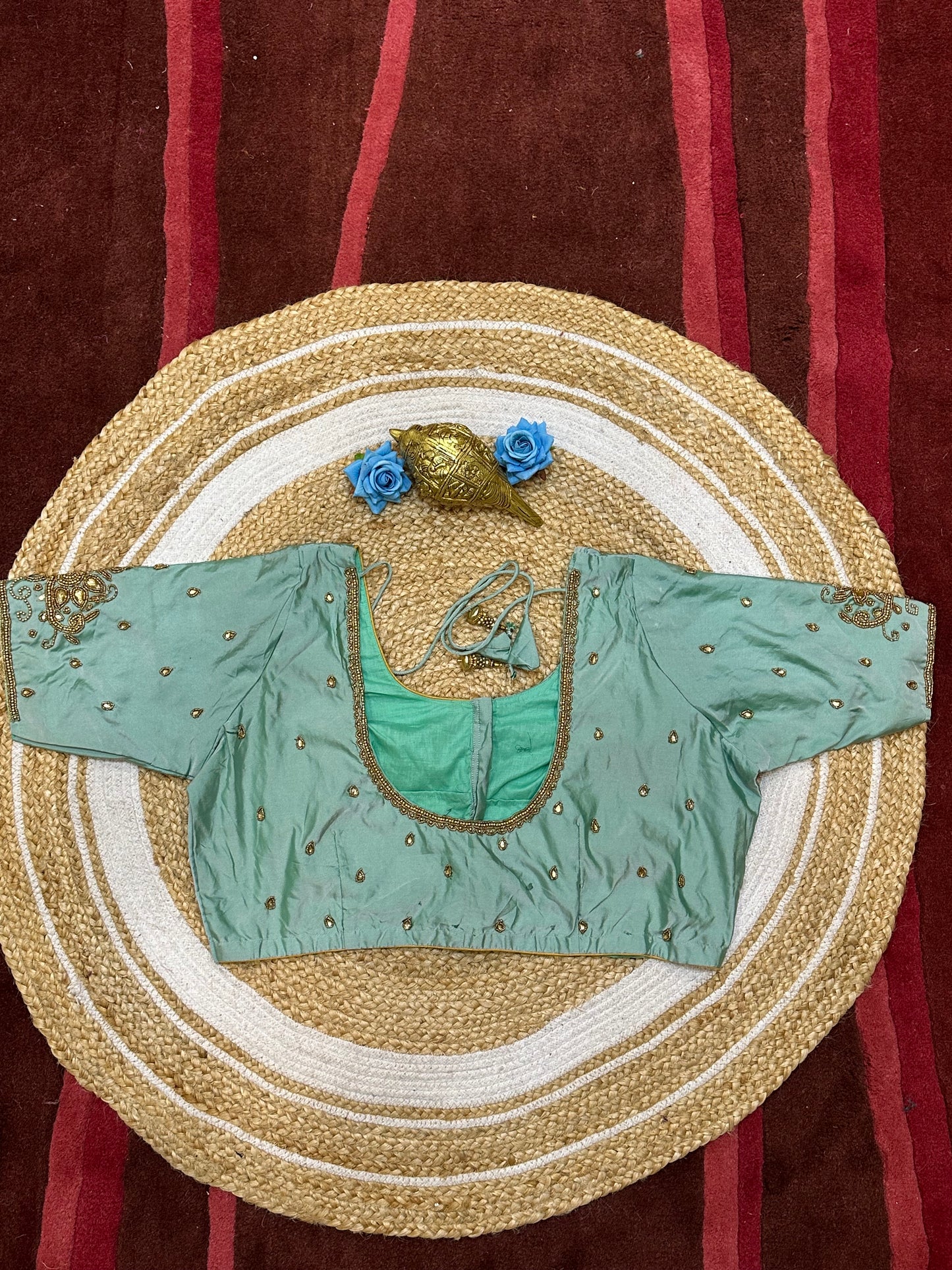 50” Size 20 Aari Worked Sari Blouse Indian Saree Top Silk Sea Green B198