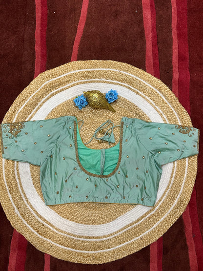 50” Size 20 Aari Worked Sari Blouse Indian Saree Top Silk Sea Green B198
