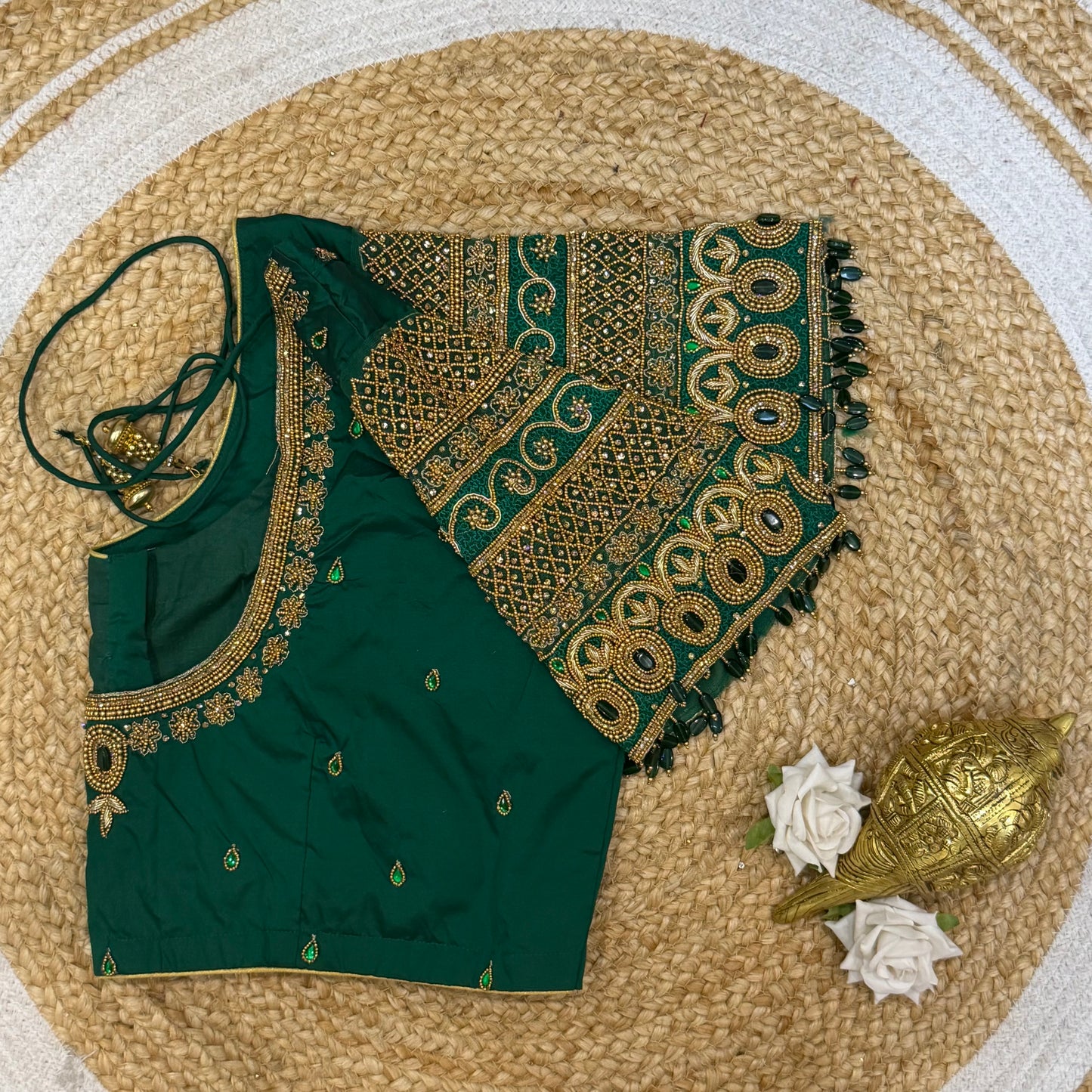 46” Size 16 Aari Worked Sari Blouse Indian Saree Top Silk Bottle Green B219