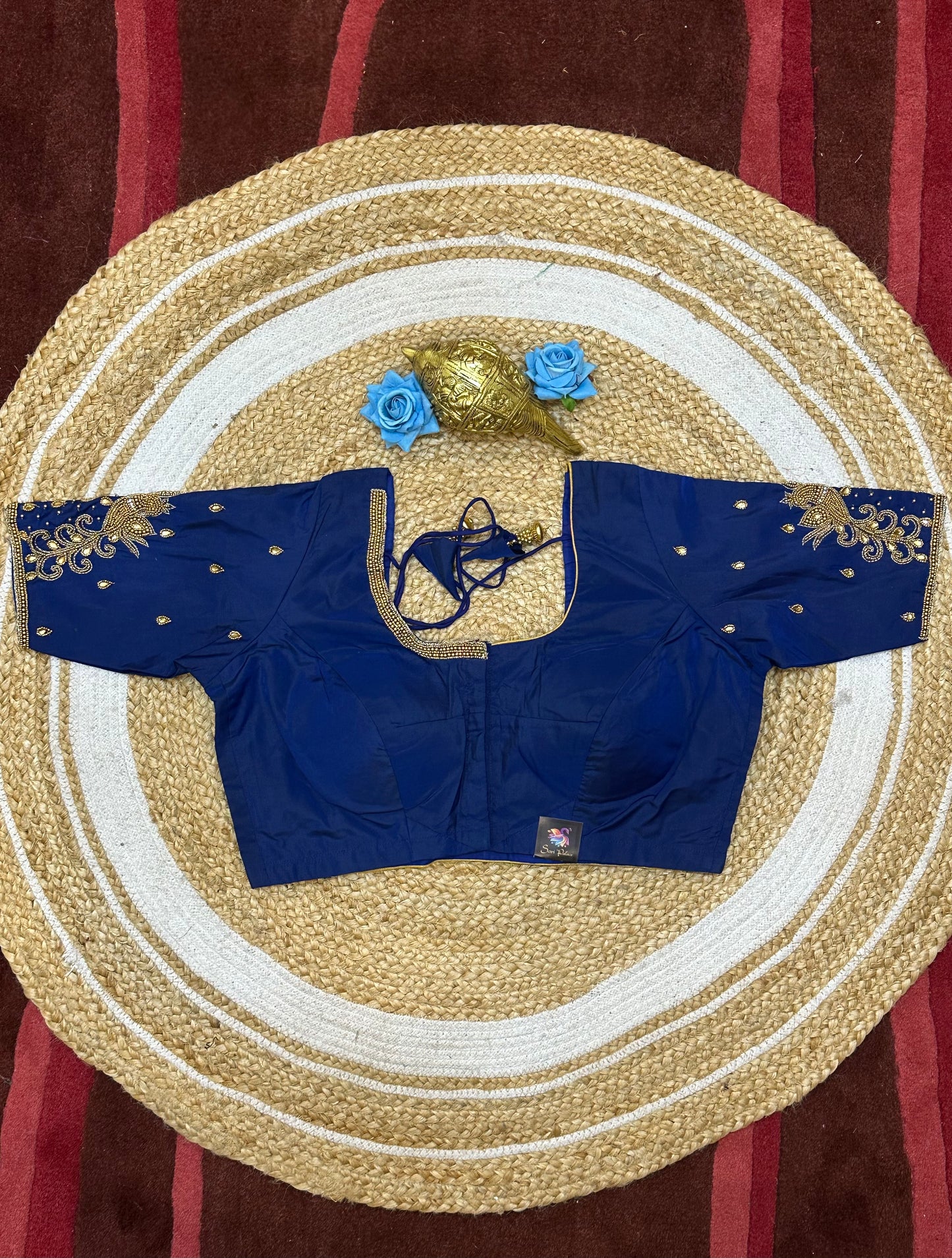 40” Size 10 Aari Worked Sari Blouse Indian Saree Top Silk Blue B182