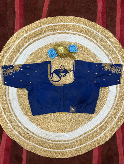 40” Size 10 Aari Worked Sari Blouse Indian Saree Top Silk Blue B182