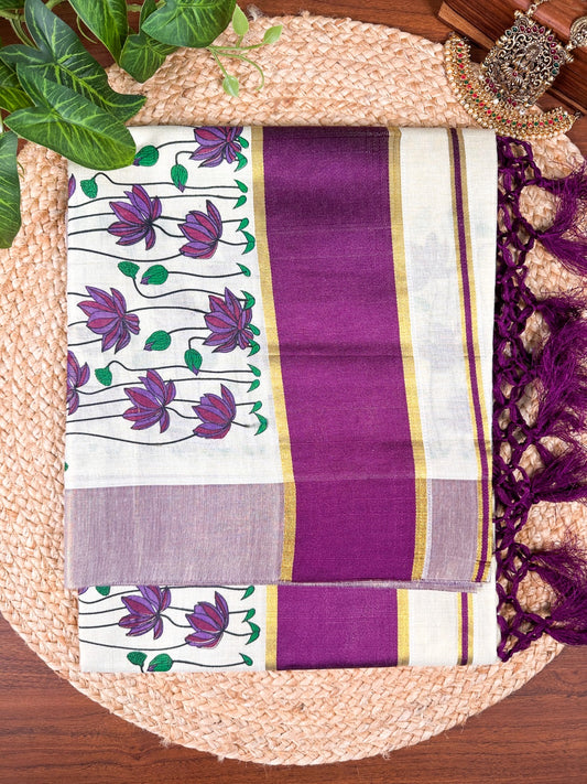 Purple Lotus Kerala Vishu Sari Indian Onam Tissue hand Painted Saree C10