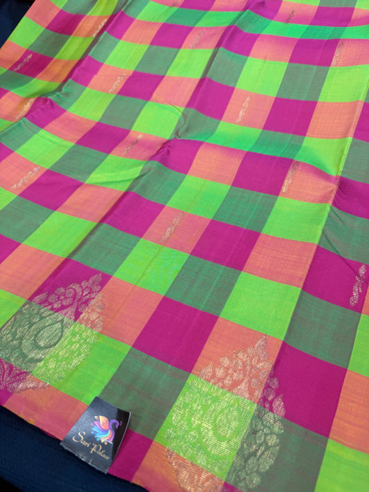 Checkered Kanchipuram Pure Silk Saree Multi Colour Kanjivaram Sari SPK424