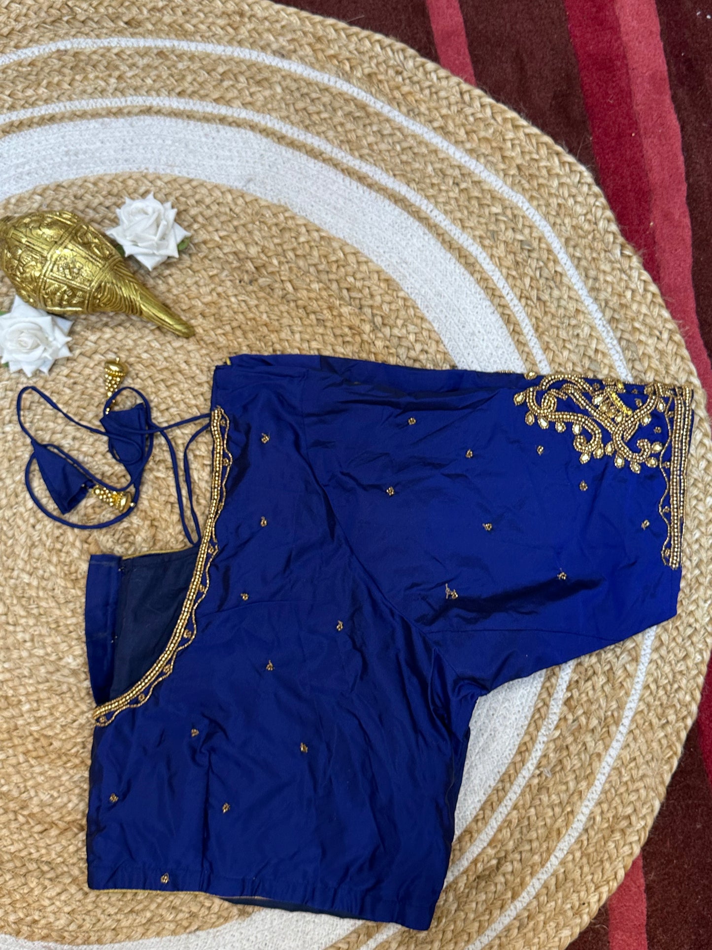 50” Size 20 Aari Worked Sari Blouse Indian Saree Top Silk Blue B54